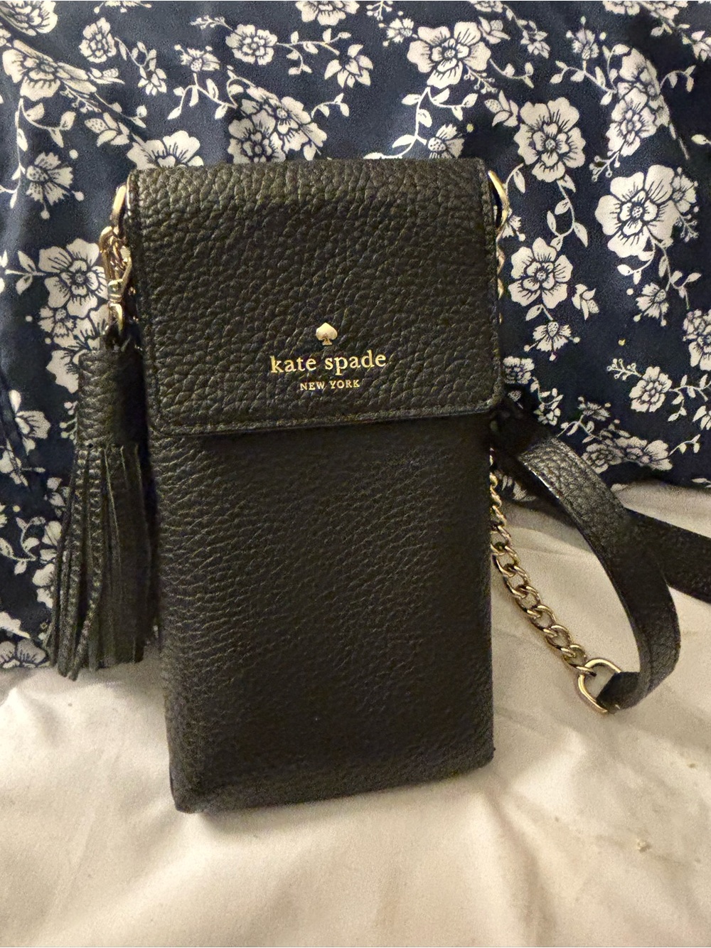 kate spade Black Pebbled Leather Crossbody Phone Pouch with Tassel